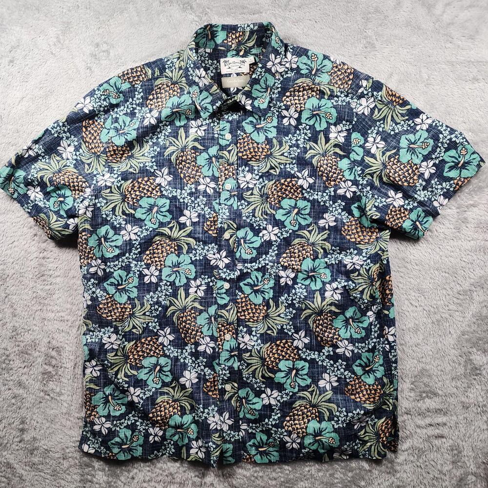 Reyn Spooner Shirt Mens Large Blue Pineapple Floral Short Sleeve Hawaiian Aloha